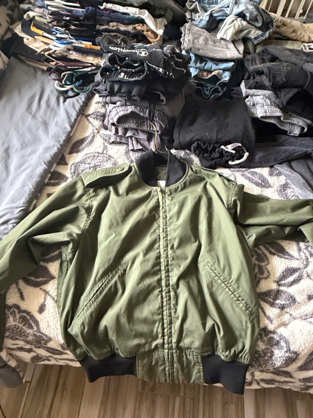 Olive Green Bomber Jacket with Black Rib Trim